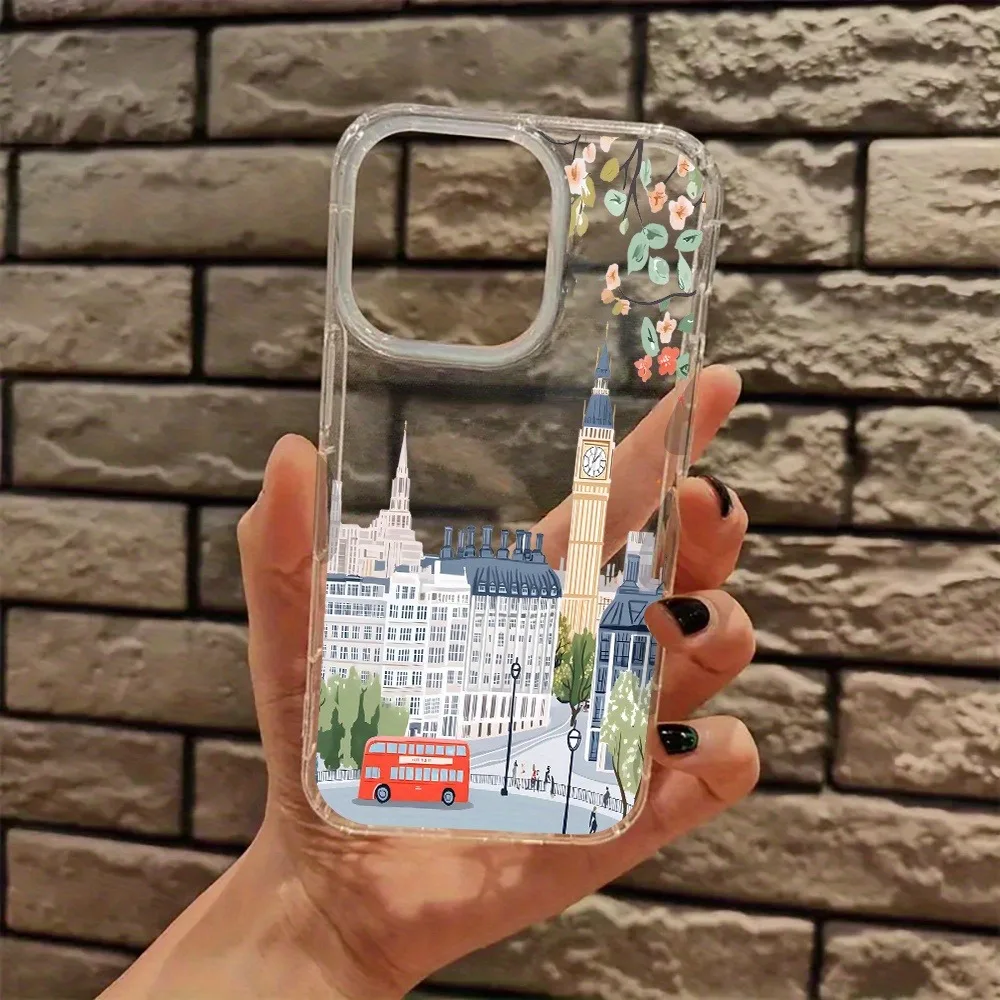 Affascinante paesaggio urbano di Londra con fiori rosa Custodia trasparente per iPhone 17 16 15 14 13 12 11 Pro Max XS XR 7 8 Plus