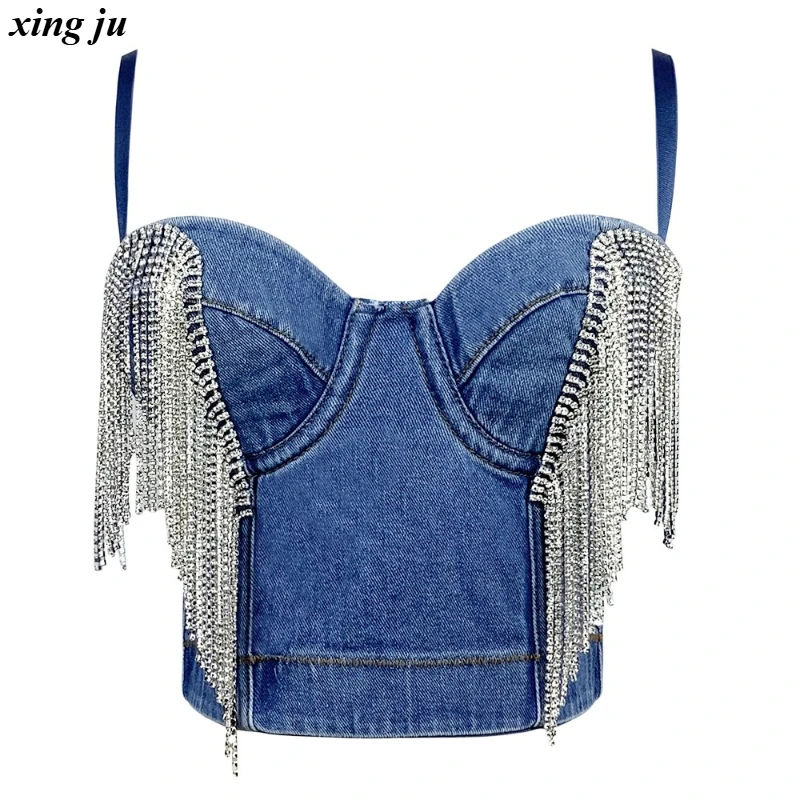 

Xing Ju Nightclub DJ Hip Hop Denim Crop Tops Women Jazz Dance Costume Sexy Tassel Rhinestone Chain Sling Vest Singer Stage Wear