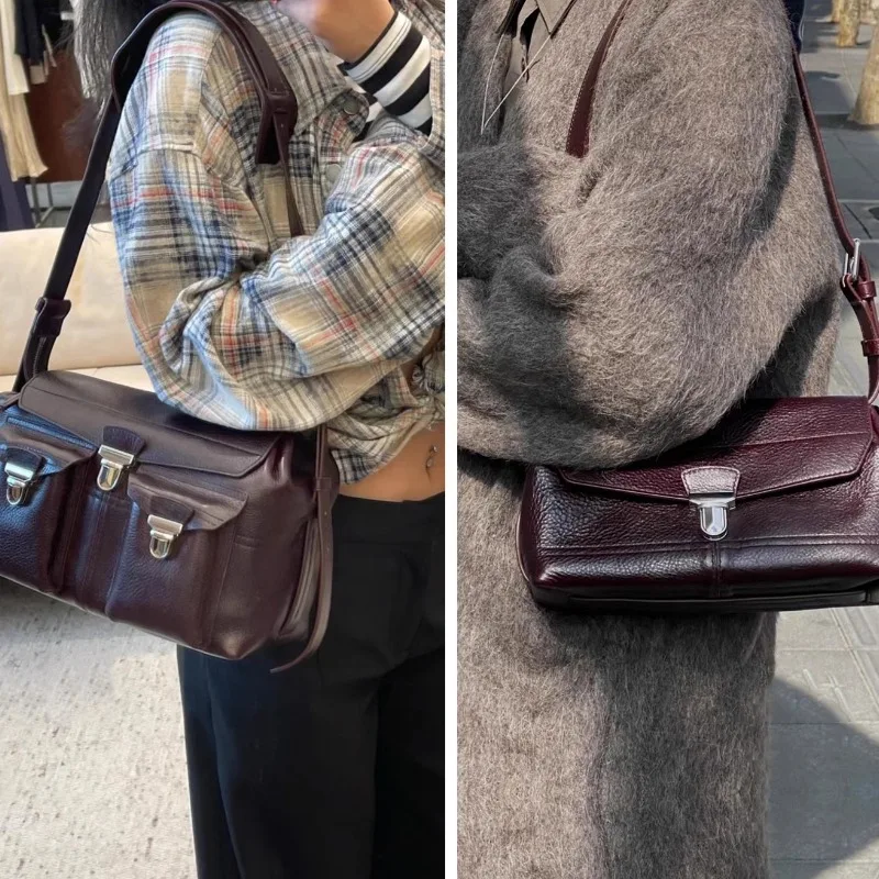 New Moda Exquisite Commuter Shoulder Bag Female All-match Multiple Pockets Cowhide Underarm Flipbags Vintage Fashion Bolsas