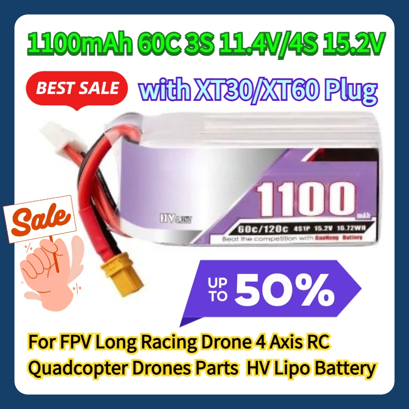 

For FPV Long Racing Drone 4 Axis RC Quadcopter Drones Parts 1100mAh 60C 3S 11.4V/4S 15.2V with XT30/XT60 Plug HV Lipo Battery
