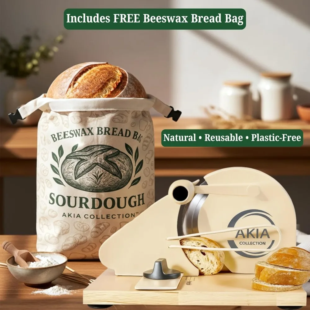 

Adjustable Manual Bread Slicer with Beeswax Bag - Hand Crank Cutter for Homemade & Artisan Loaves