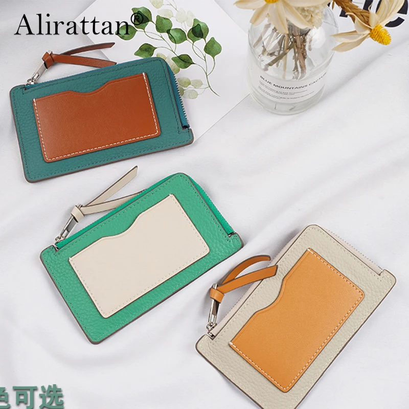 Alirattan 2026 New Leather Coin Purse for Women Fashionable Simple Color Blocked Card Bag Multi Slot Zipper Cowhide Wallet