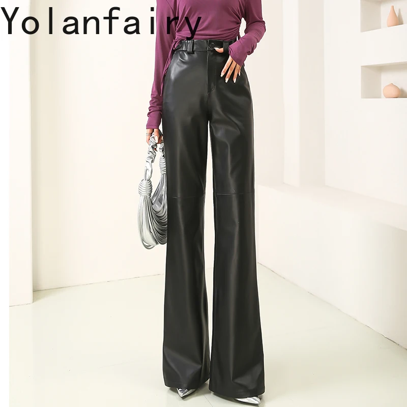 

Genuine Sheepskin Leather Pants Women Korean Style Spring Autumn Slim Fit Elastic High Waist Flared Pants Trousers Floor Length