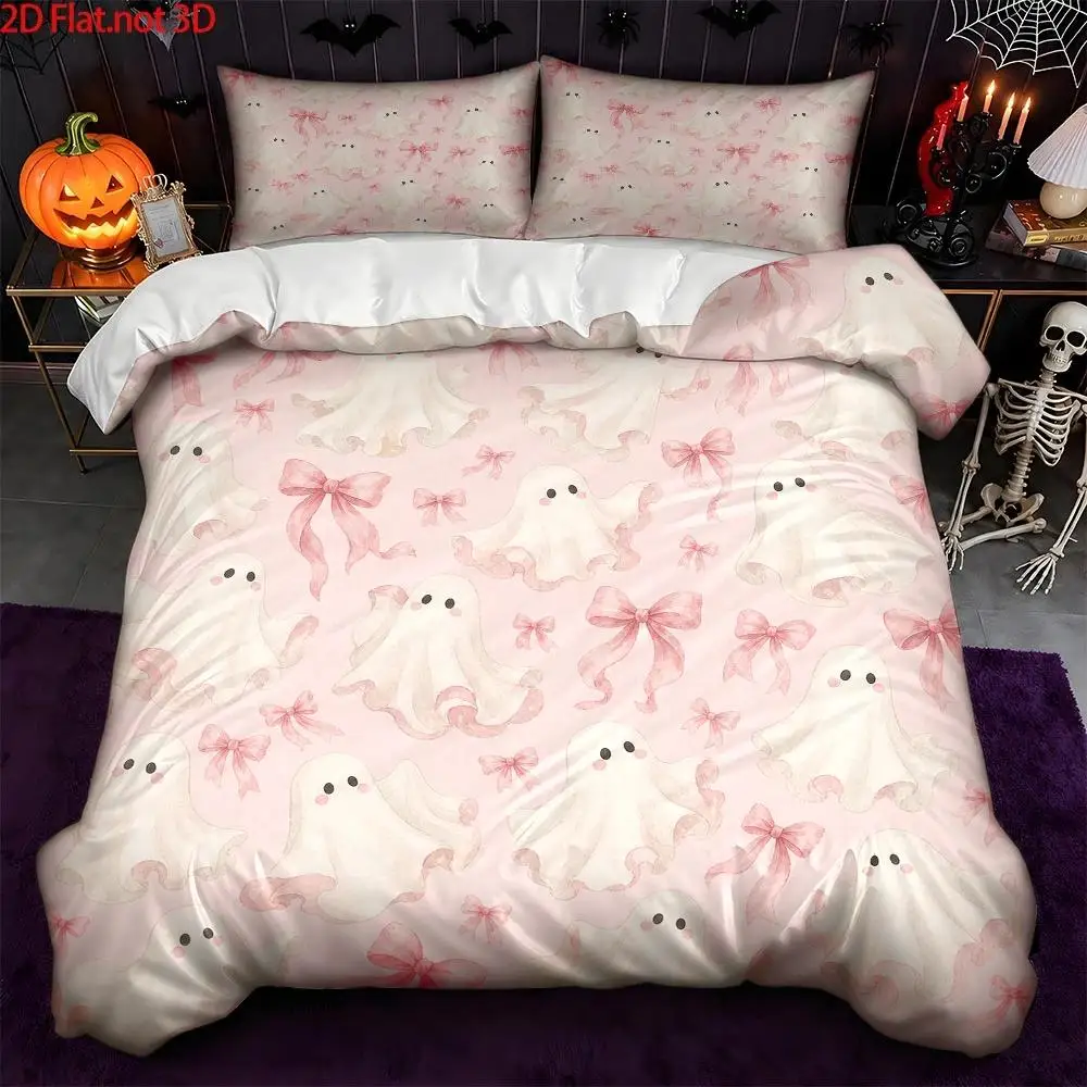 Cute Little Ghost Pink Bow, Three-Piece Bedding Set (1*Duvet Cover + 2*Pillowcases) Pink Halloween Comforter Sets Quilt Cover Bedding Set Breathable Polyester Invisible Zipper Machine Wash