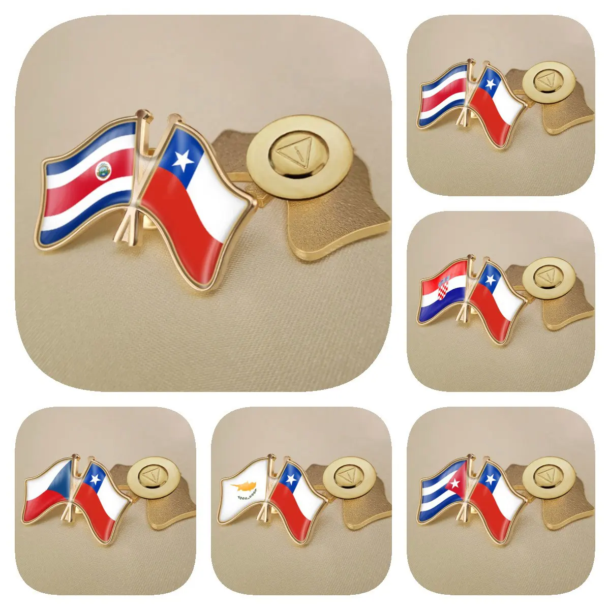 Chile and Costa Rica Croatia Cuba Cyprus Czech Republic Double Crossed Friendship Flags Brooches Lapel Pins Badges