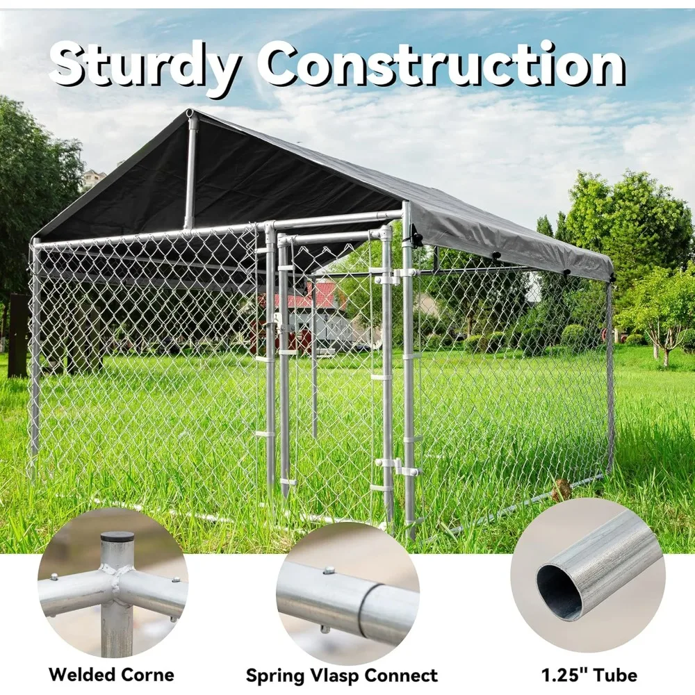 Extra Large Outdoor Dog Kennel, Galvanized Chain Link Dog Runs for Outside with Waterproof UV-Resistant Cover and Secure Lock