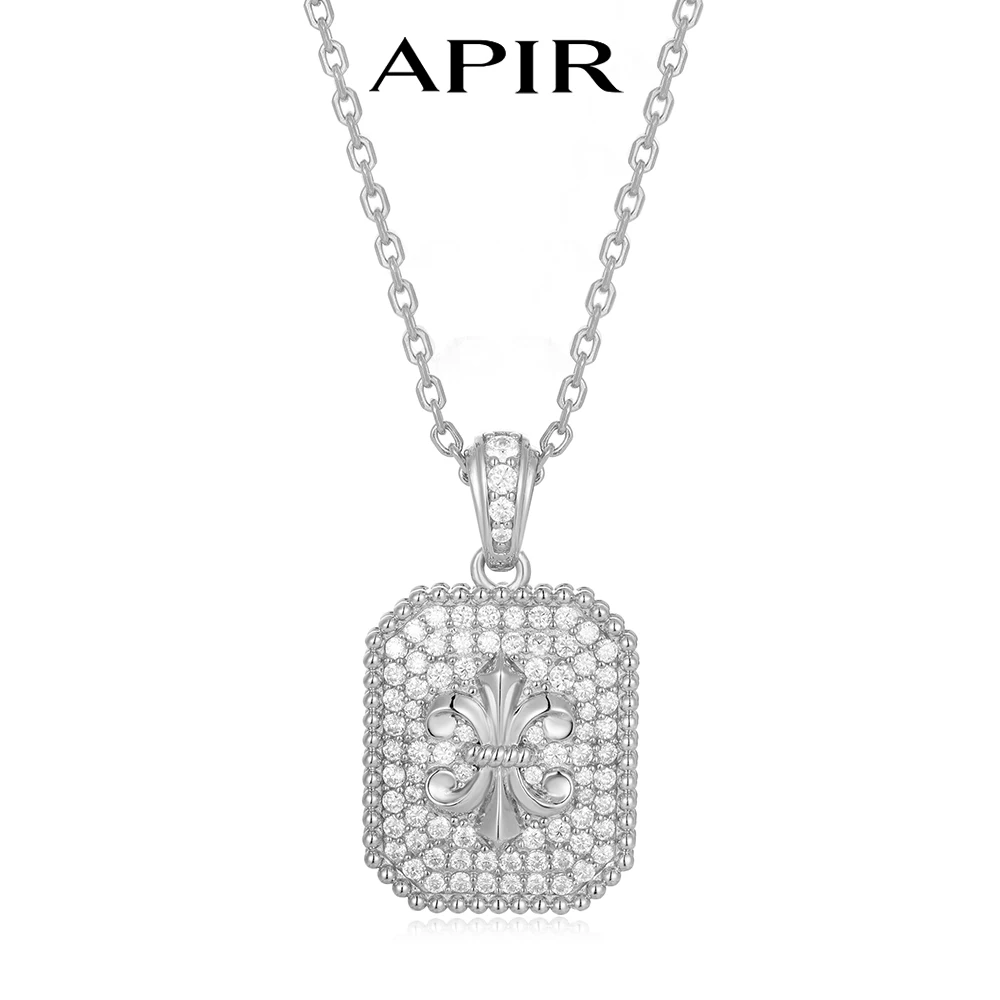 

APIR Fleur-de-lis Square Pendant Necklace with Moissanite Milgrain Retro Necklaces Anniversary Jewelry Gift for Women 925 Silver