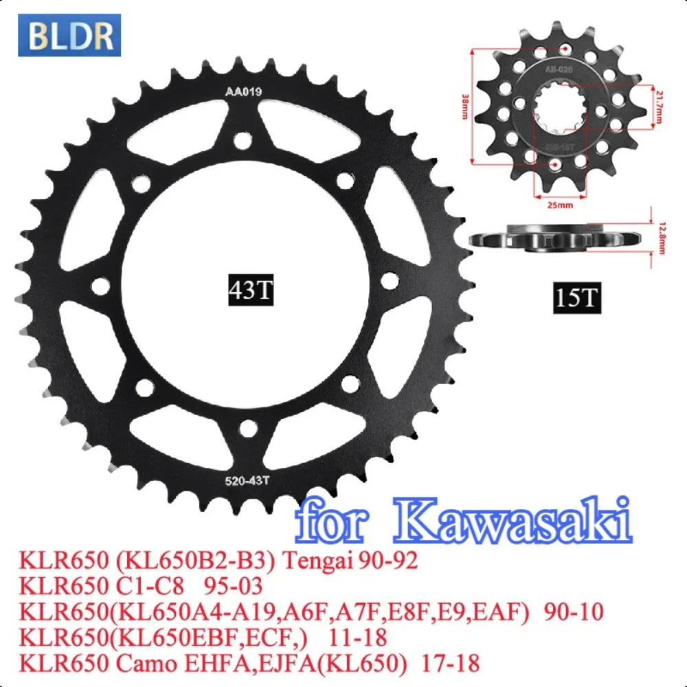 Piñón Delantero y Trasero 520-15T 520 43T para Kawasaki KLR650 Tengai KLR 650 KLR650 Camo EHFA EJFA