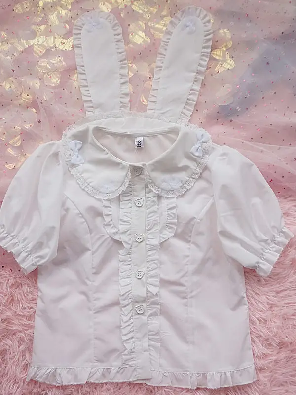 Cute Rabbit Ears Lolita Shirts All-match New Spring Summer Peter Pan Collar Short Cardigans Top Elegant Ruffles Students Blouses