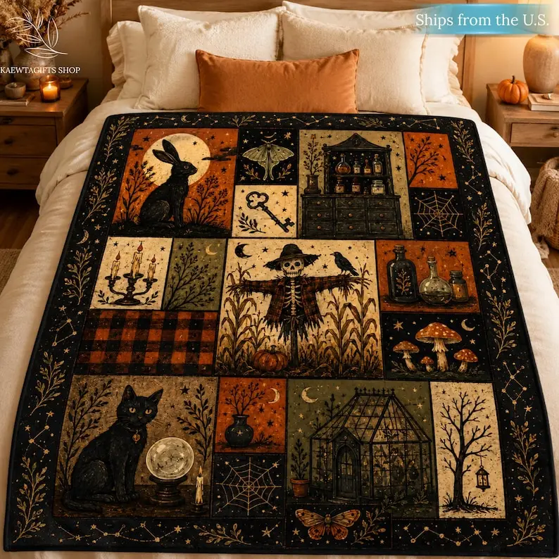 Vintage Halloween Blanket, Witchy Black Cat & Rabbit Throw, Scarecrow Mushroom Gothic Fall Decor, Spooky Cottagecore Halloween Gift