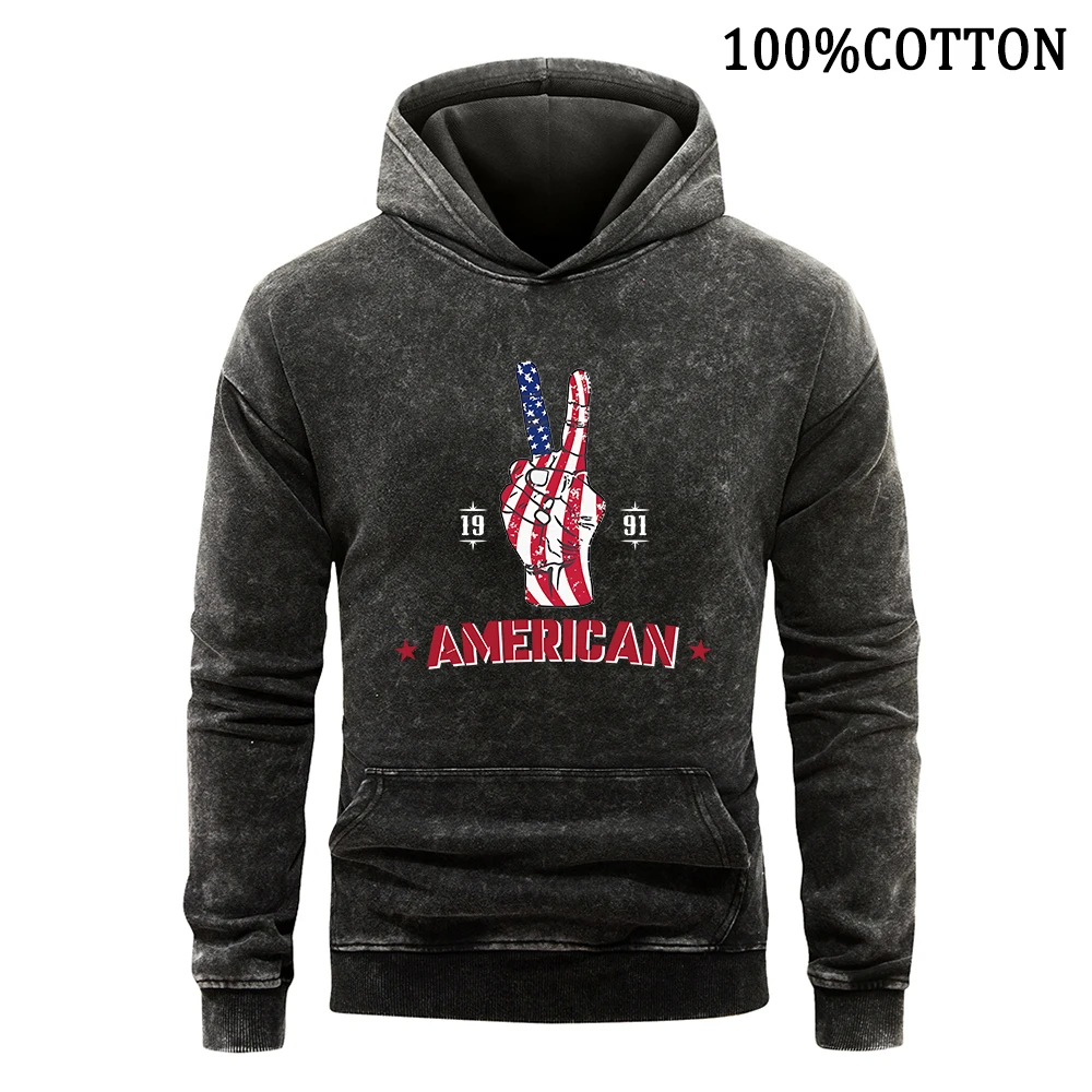 American 1991 Victory Sign Print Man Hoodies Retro Washed Cotton Hoodie Loose Casual Pullover Oversize Sweatshirt Men Hoody Tops