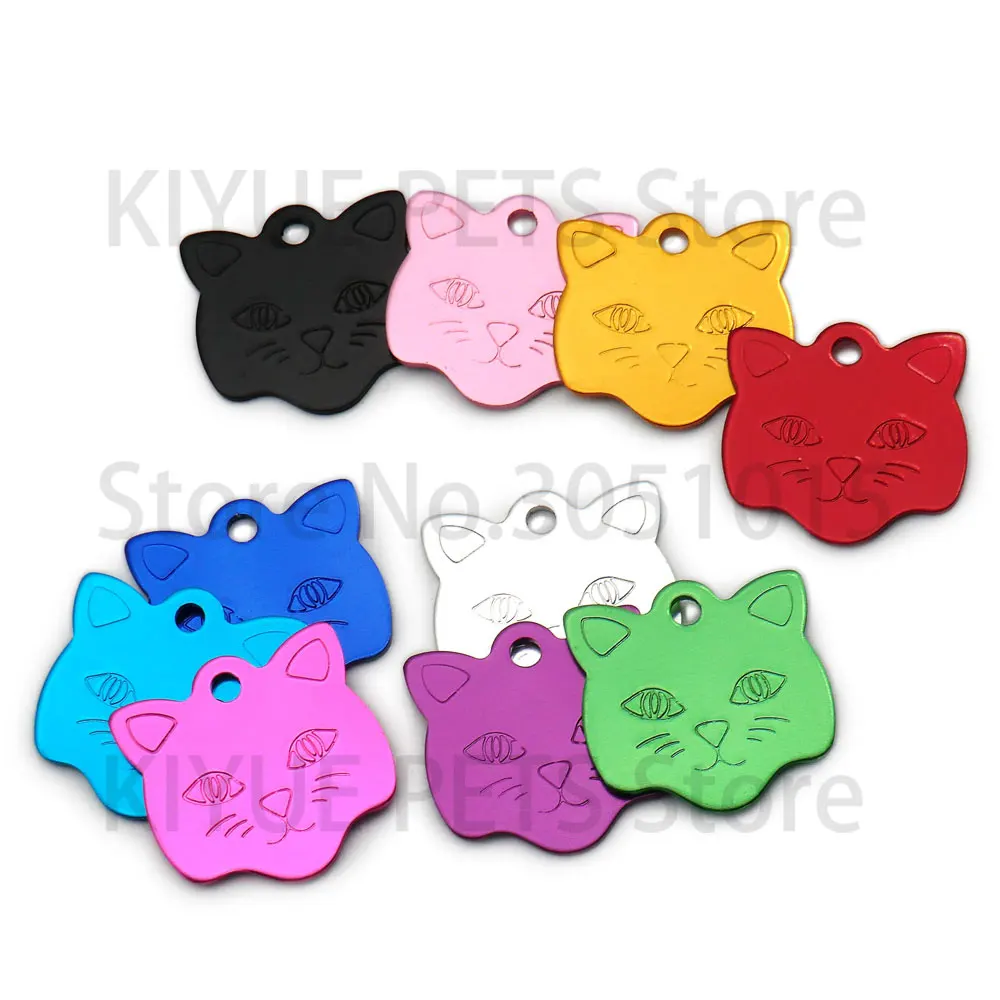 20Pcs Customized Engraved Dog Aluminum ID Tag Personalized Cat Face Shape Print Pet Name Plate Puppy Lable Phone No.