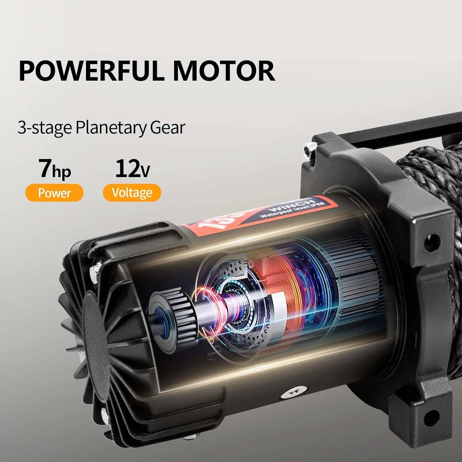 12V Electric Winch, Load Capacity Synthetic Rope Towing Winches for Jeep Truck SUV,with Wired Handle and Wireless Remote