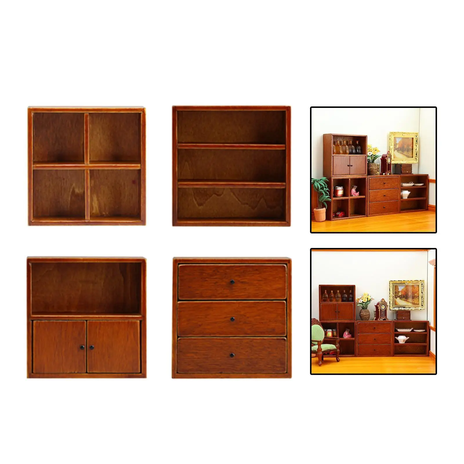 4x Miniature Cabinet Cupboard Bookshelf 1:12 Dollhouse Bar Micro Landscape Pub Pretend Play Dollhouse Furniture Decoration