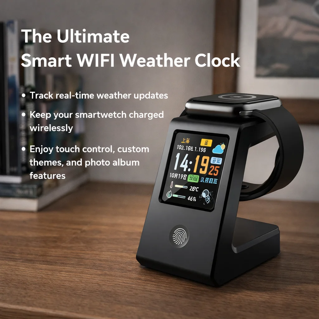 Smart WiFi Weather Clock with Wireless Charging, Digital Desk Clock, Real-Time Weather Display, Touch Control, Multi Themes, Ele