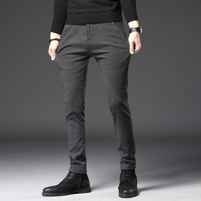 Autumn Winter New Thick Casual Pants Men Business Fashion Slim Stretch Black Blue Grey Brand Clothes Brushed Trousers Male 28-38