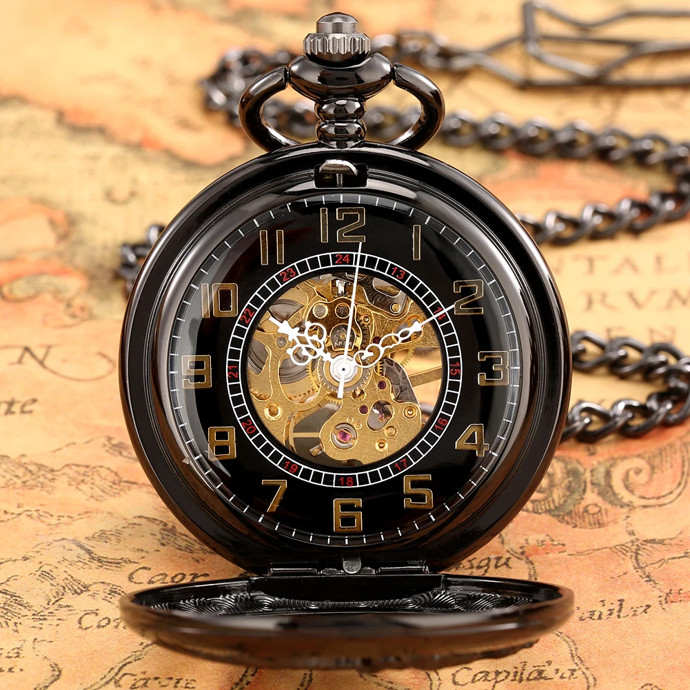 Vintage Mechanical Pocket Watch Horse Flying Half Hunter Design Arabic Numerals Dial Black/Bronze Pocket Chain Men's Clock Gift