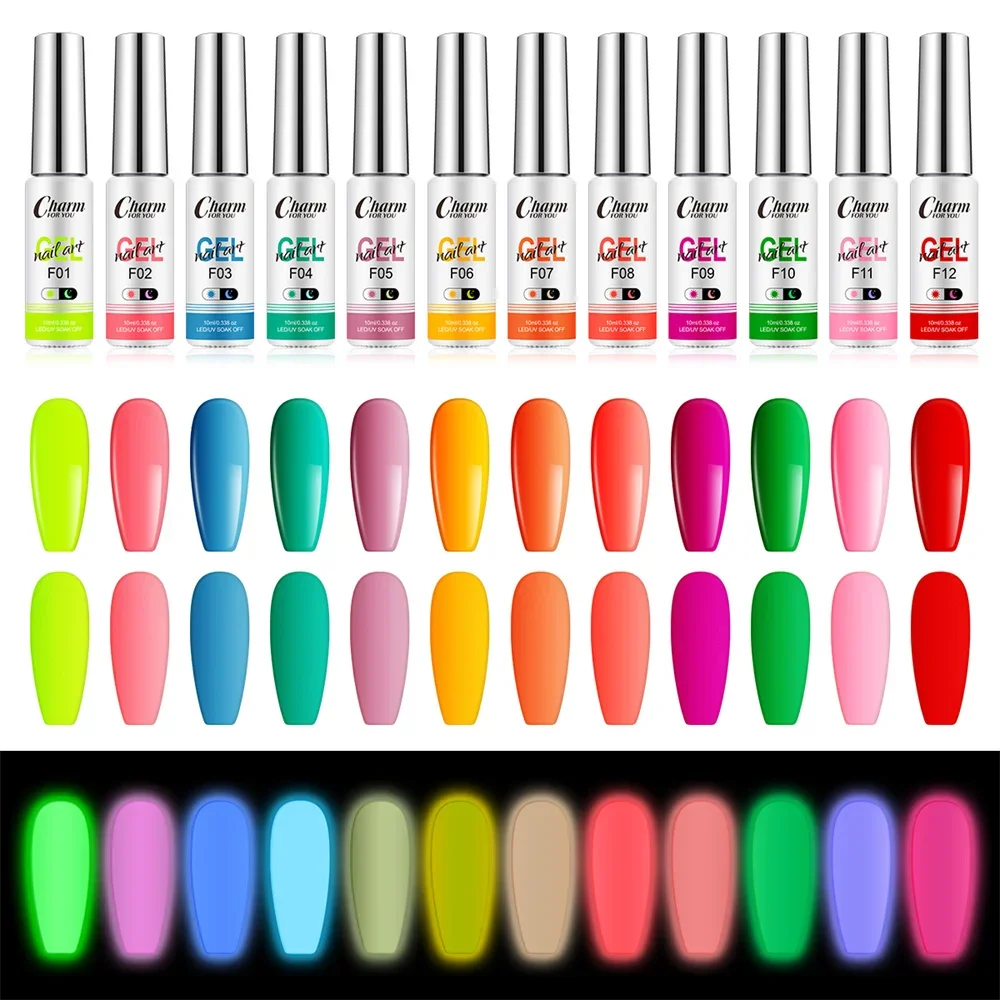 12 teile/satz im Dunkeln leuchten Malerei Gel Nagellack Liner Art Gel LED UV-Lack 10ml leuchtende Neon fluor zierende Nagel kunst einweichen