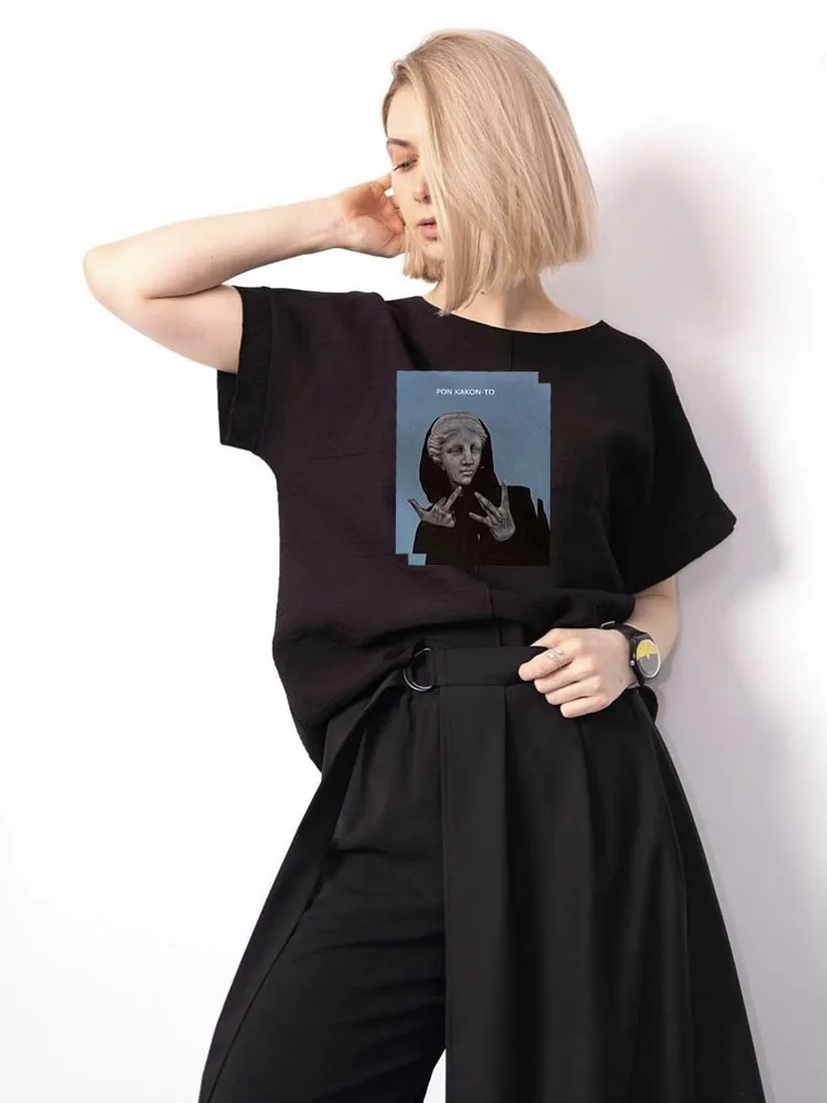 Blessyuki Plus Size t-shirty z estetycznym nadrukiem damskie 2023 letnie nowe 100% bawełniane proste eleganckie koszulki damskie luźne Harajuku