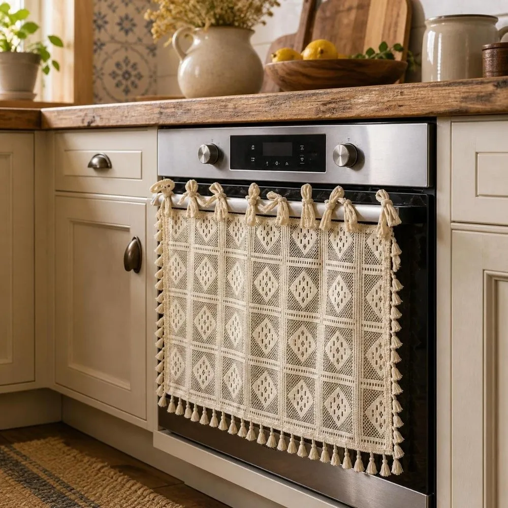 Hide Clutter Lace Oven Door Curtain Tassels Rural Style Kitchen Cabinet Curtains Washable Handmade Oven Skirt Cabinet Window