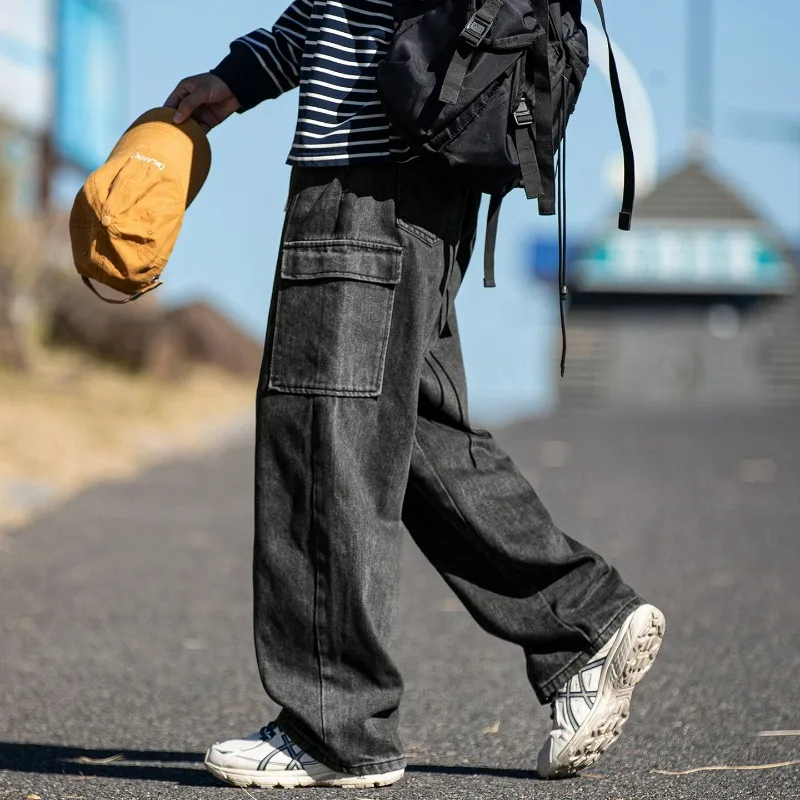 

Fashion Multi-Pocket Cargo Jeans Wide Leg Straight Style Men's Casual Comfortable Fit Clothing Autumn Baggy Outdoor Jeans Youth