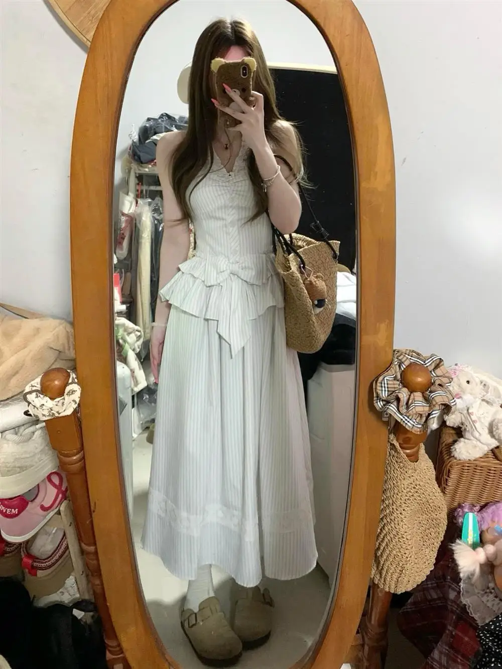

Elegant Striped Neckline Dress Women's Summer 2026 New Stylish Long Skirt Set Fashionable Three-Piece Suit Casual Chic Outfit