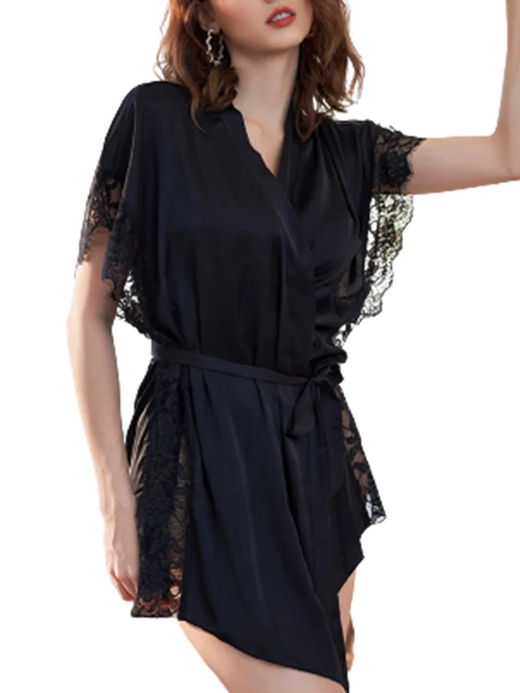 2023 Sexy Deep V Female Open Front Private Nightwear Lace Nightdres Shorts Suit Ladies Ice Silk Summer Autumn Home Casual Pajama