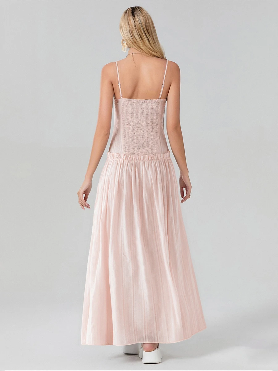 ผู้หญิงชุดยาวสีทึบสปาเก็ตตี้ Cami ฤดูร้อนแฟชั่นแขนกุดชุดลําลอง