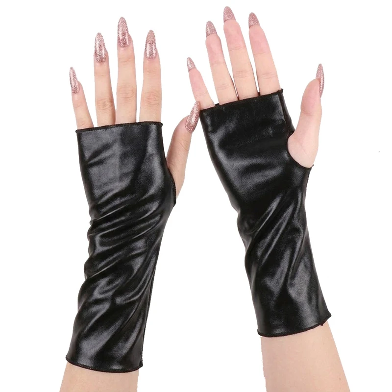Guanti Senza Dita Metallizzati Sexy e Lucidi da 23cm, Maniche Lunghe per Cosplay, Spettacoli e Feste in Costume