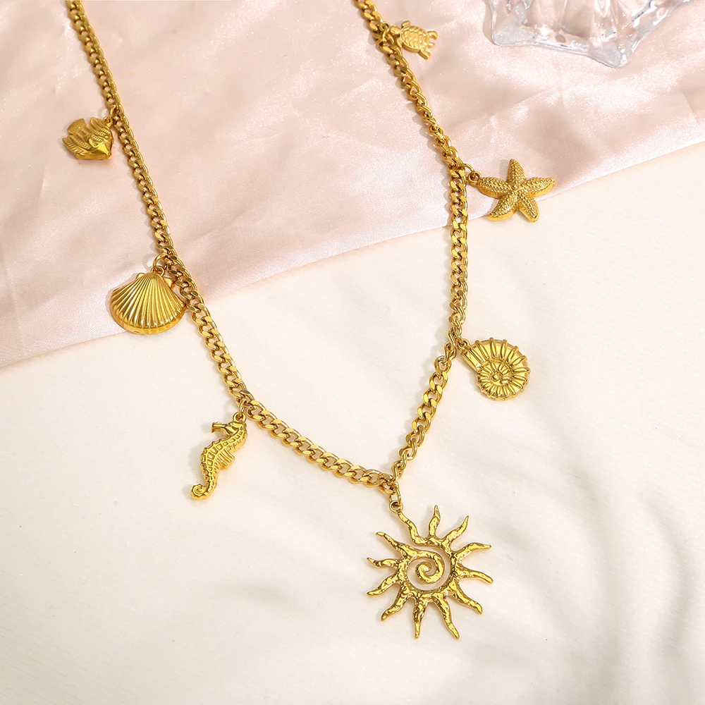 GIOIO Stainless Steel Starfish Shell Pendant Necklace for Women Ocean Style Handmade Waterproof Charms Collar Jewelry Gift