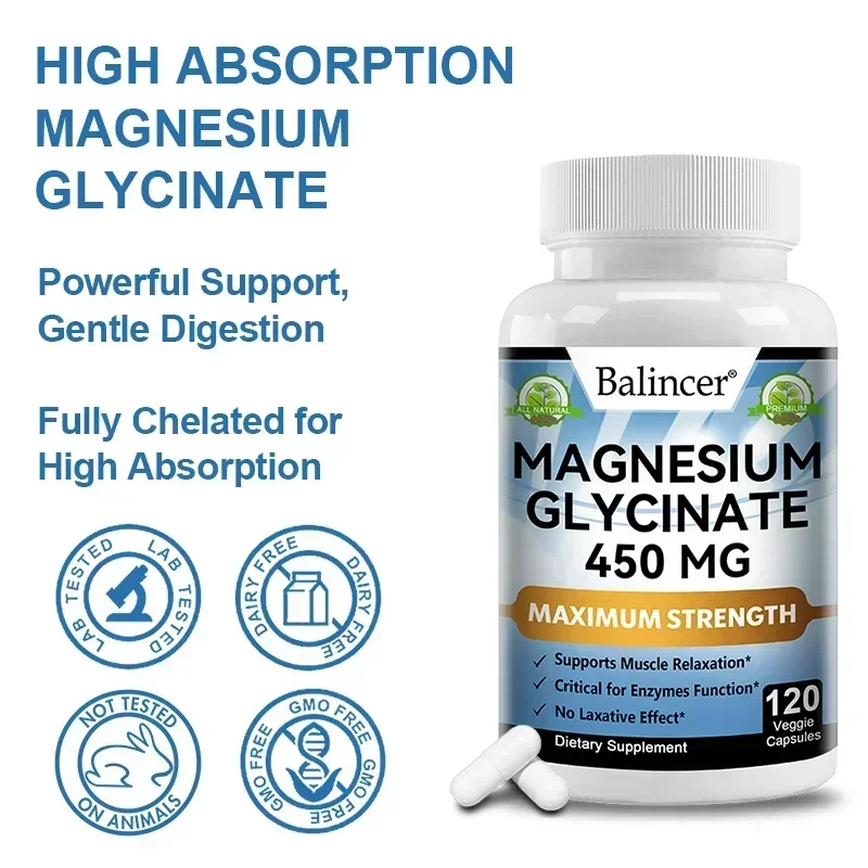 Magnesium Glycinate 450 Mg Maximum Bioavailability Chelated Non-Laxative Vegetarian Supports Muscle, Bone, Heart Non-GMO