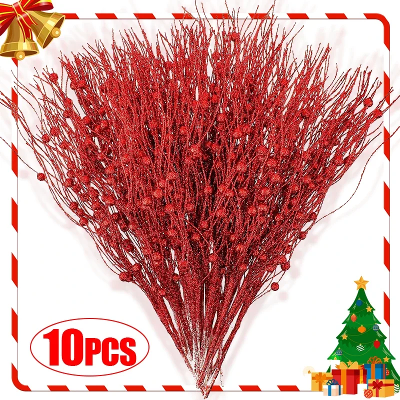 Wholesale Artificial Glitter Berry Stem Branches Xmas Tree Glittery Twigs Ornaments Festival Christmas Party Home Decor Supplies