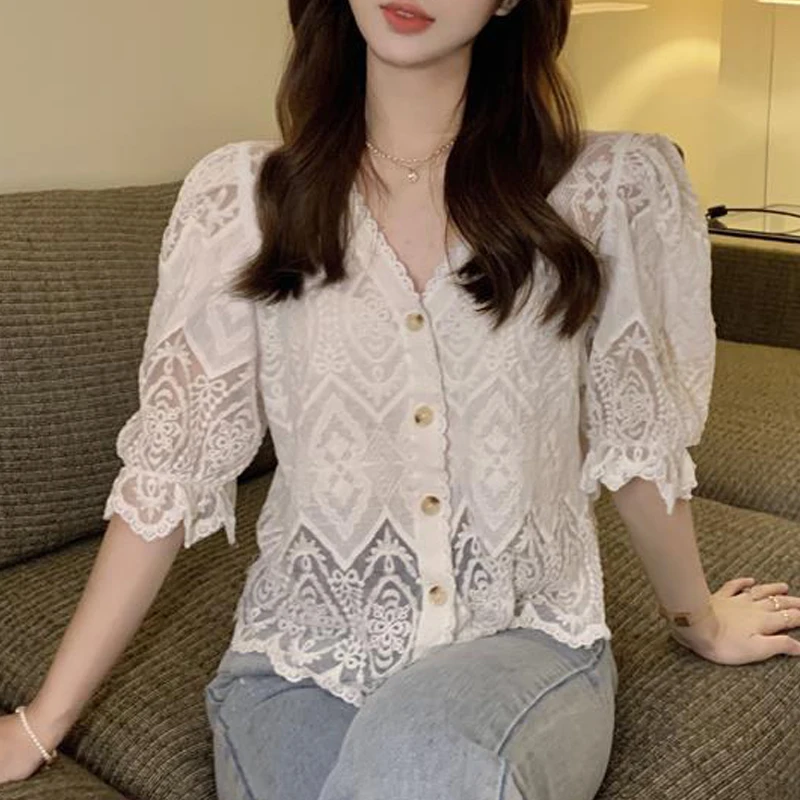 Women Sexy Hollow Lace Sweet Chic Button Up Shirt Female Stylish V Neck Short Sleeve Blouses 2024 Summer Vintage Solid Chic Tops