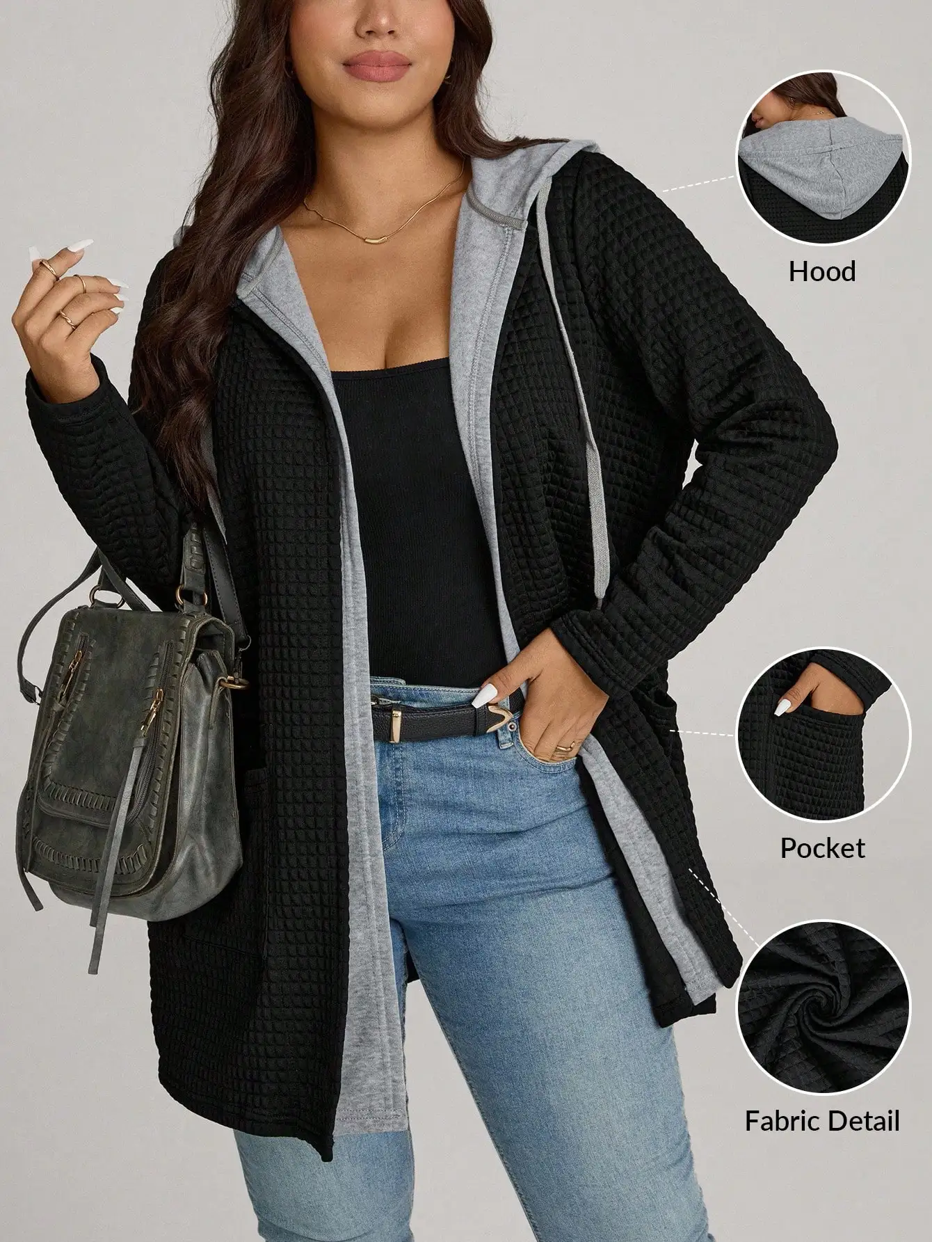

Plus Size Hooded Waffle Knit Cardigan Jacket with Pockets, Long Sleeve Fall Winter Women's Outerwear