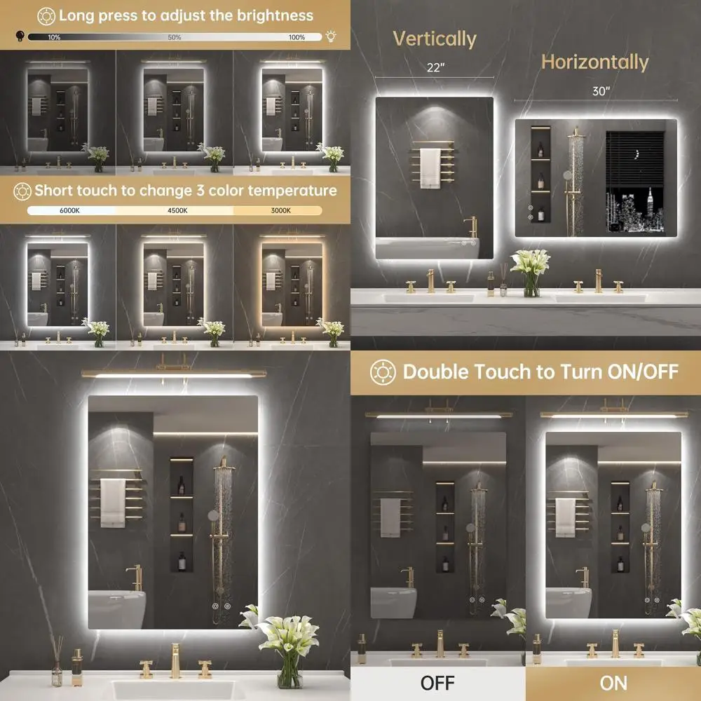 

22x30 Inch Dimmable LED Lighted Bathroom Mirror, 3-Color Changing, Shatterproof, Horizontal/Vertical Mount, No Motion Sensor