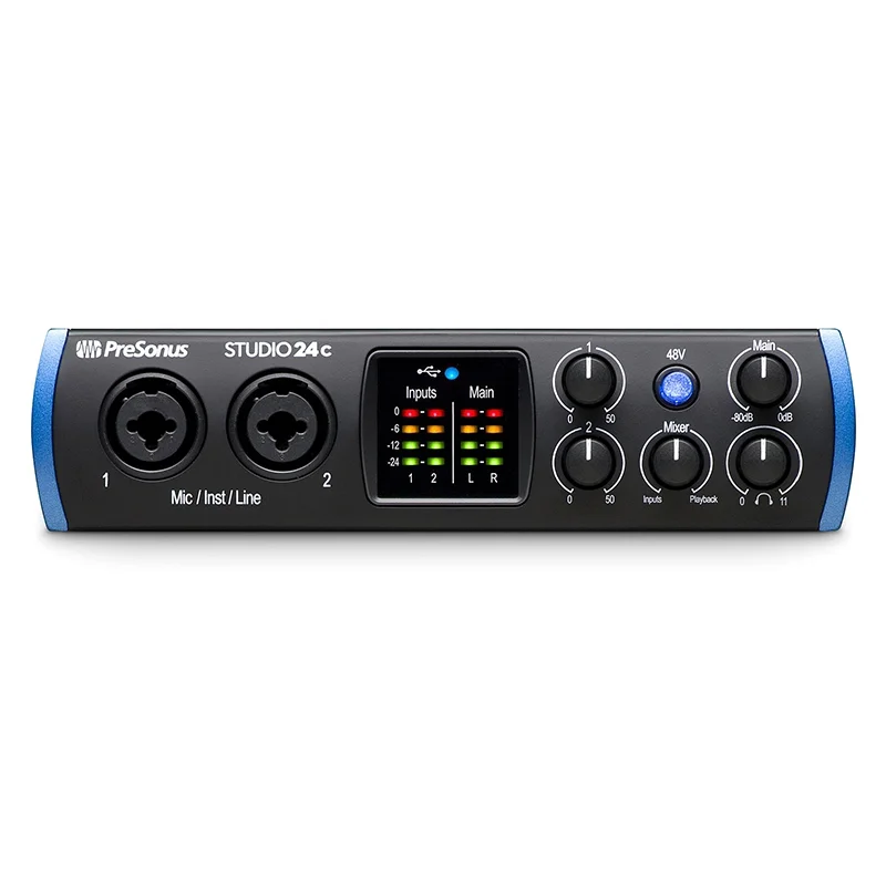 Звуковая карта PreSonus Studio 24C, сверхвысокий аудиоинтерфейс, 2 микрофона, преампы для сверхвысокой четкости, записи, смешивания