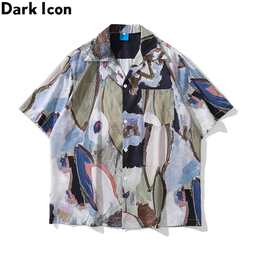 

Dark Icon Full Printed Cuba Collar Vintage Street Shirt Men Summer Thin Material Men's Shirts Man Blouse