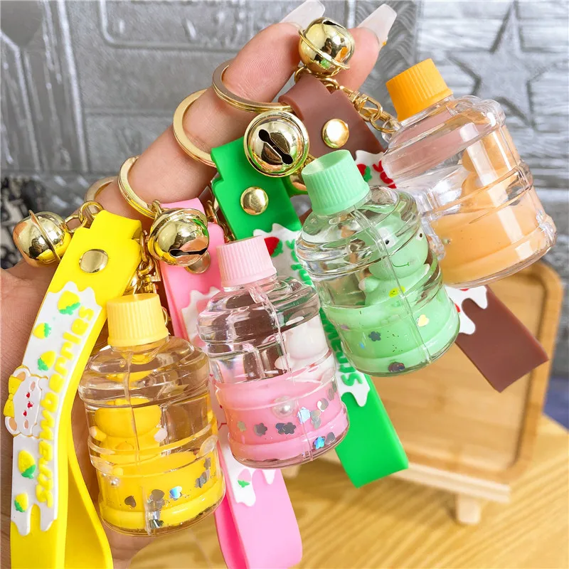 Cute Oil Bucket Keychain com lantejoula, Panda, sapo, líquido, areia movediça, cubo de gelo, coração, areia movediça, Dlower, garrafa, flutuante