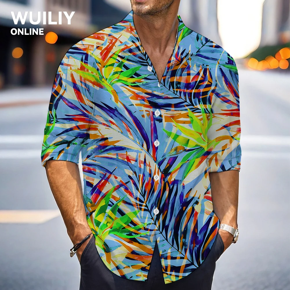 Mens Floral Leaf Graphic Long Sleeve Button Down Shirt Casual Leaves Printed Rainbow Pattern Women 3D Shirts With Pocket Shirts