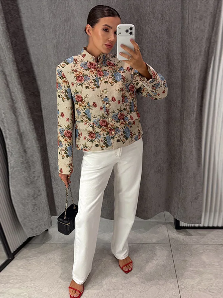 Floral Print Jacket Women Stand Collar Shoulder Pad Single Breasted Vintage Coat Fall Winter 2026 Black