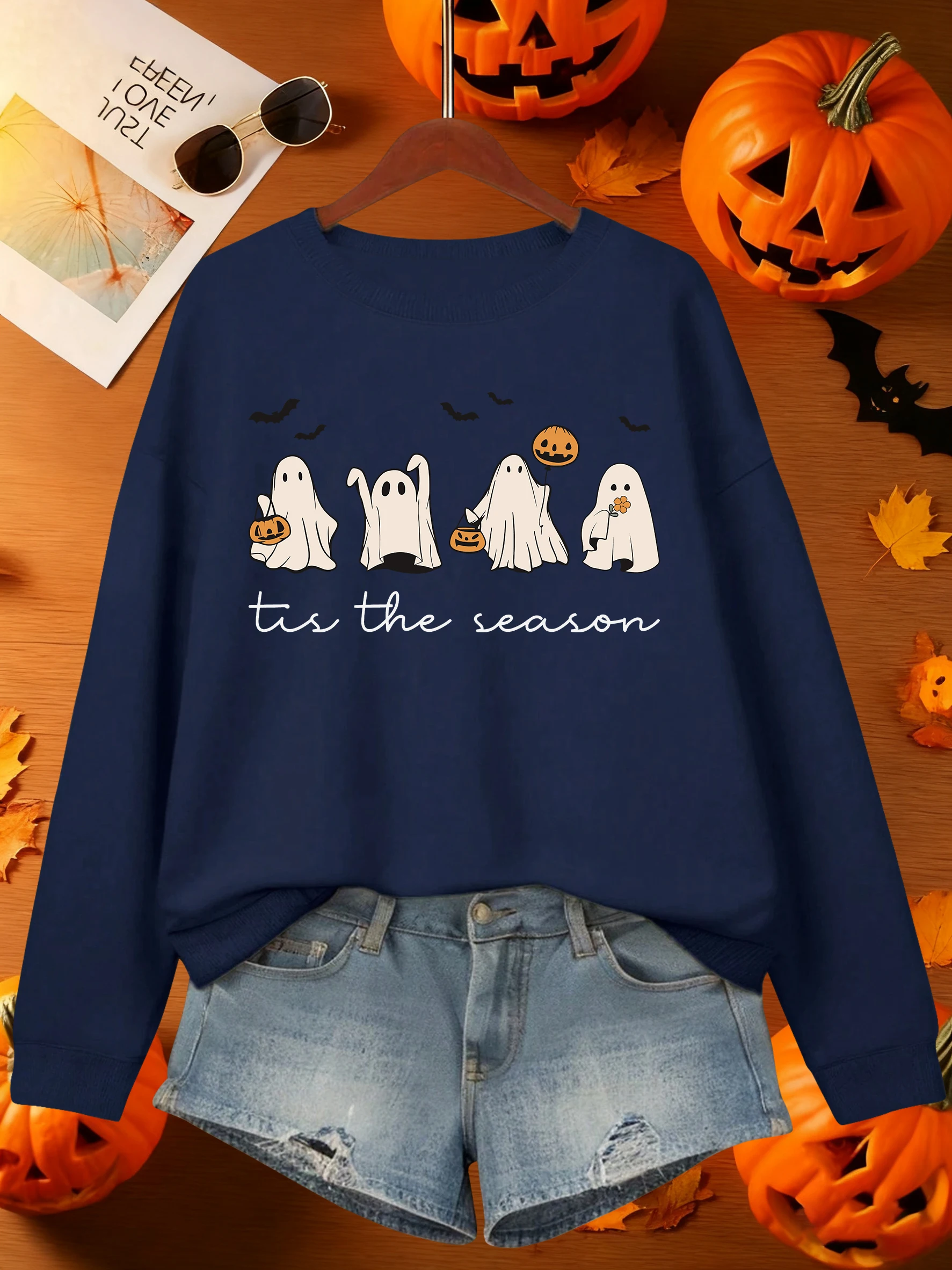 سعيد هالوين الإبداعية شبح مطبوعة النساء البلوفرات y2K عادية بلوزة من الصوف س الرقبة الخريف الملابس لينة كل مباراة