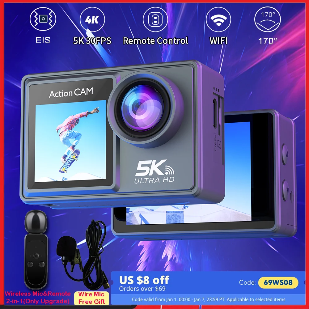 5K 4K60FPS Action Camera Dual IPS Touch LCD EIS 170° DVR 30M Waterproof 5X Zoom Sport Camera With Wireless Mic & Pre Recording