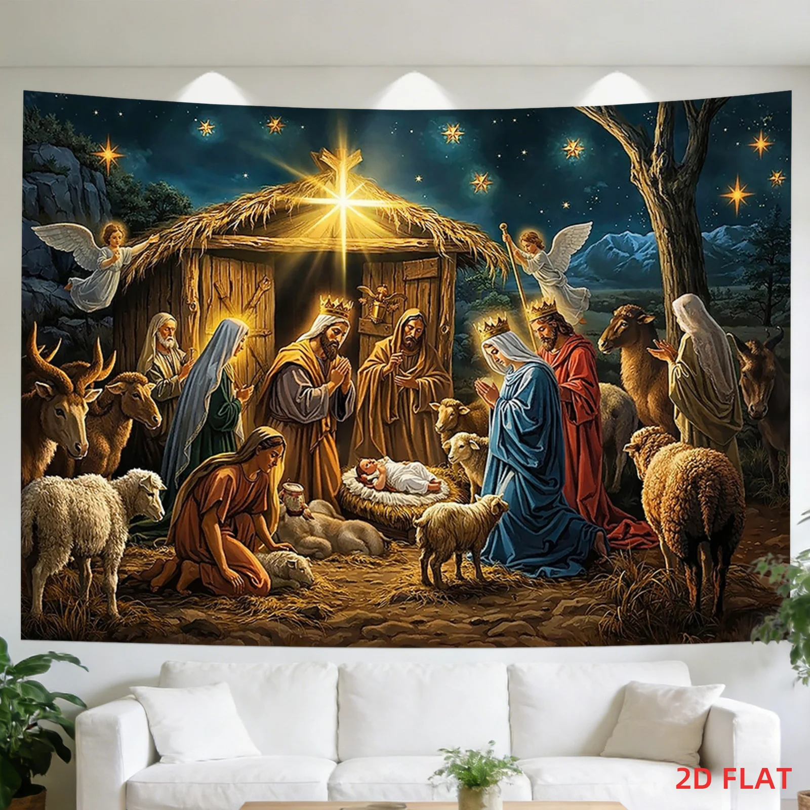 Nativity Scene Tapestry, Christian Jesus Birth Wall Hanging, Religious Christmas Manger Decor for Church Home Living Room