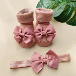 2Pcs/Set Baby Girls Headband + Socks Set 0-12 Months Cute Toddler Princess Socks Autumn Infant Bowknot Socks