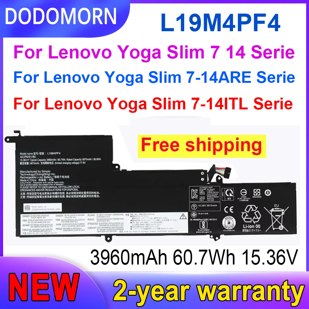 

DODOMORN 100% New 15.36V 60Wh L19M4PF4 High Quality Battery For Lenovo YOGA 14s 14sARE S750-14 2020 Slim 7-14ARE 7 14 Free Tools