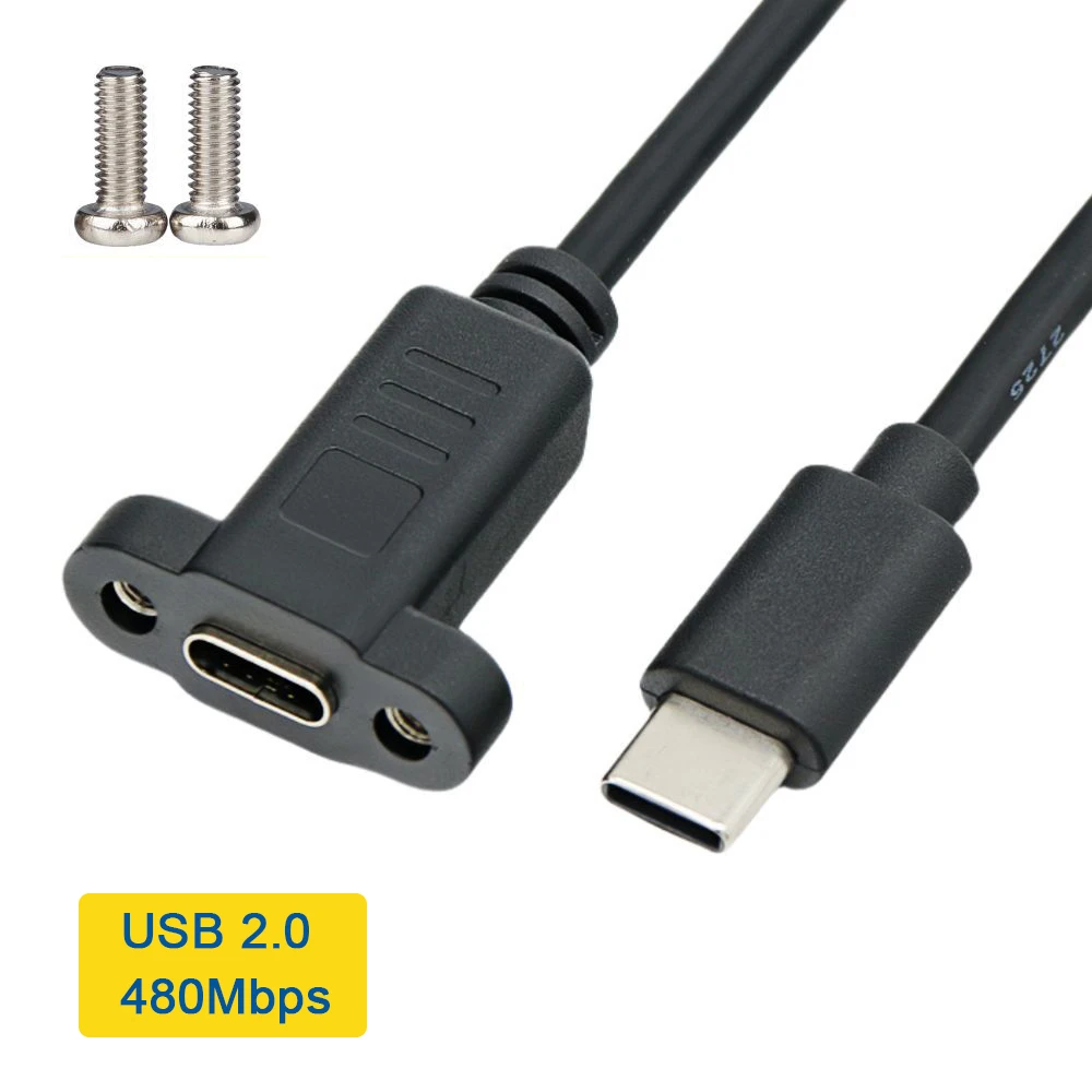 USB Type C Male To Female Extension Cable With Screw Holes Panel Mount 17mm Pitch High Speed Data Transfer And Charging