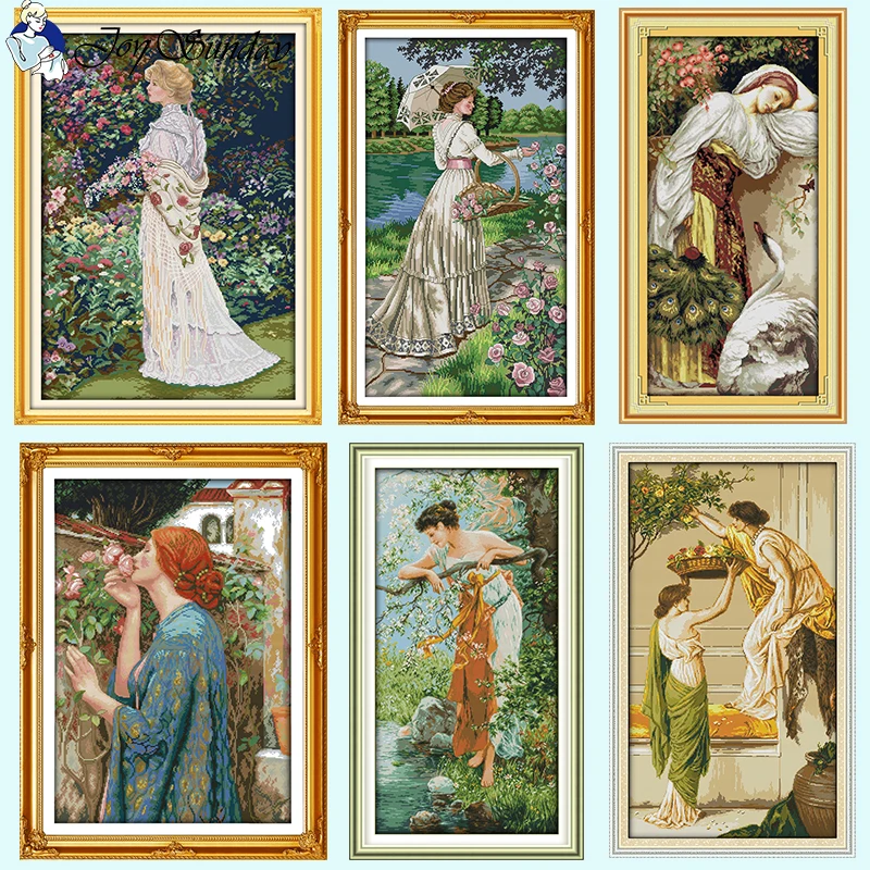 Flower Picking Beauty DIY Character Cross Stitch Embroidery Aida 14CT16CT 11CT White Canvas Printed Fabric Needle and Thread Kit