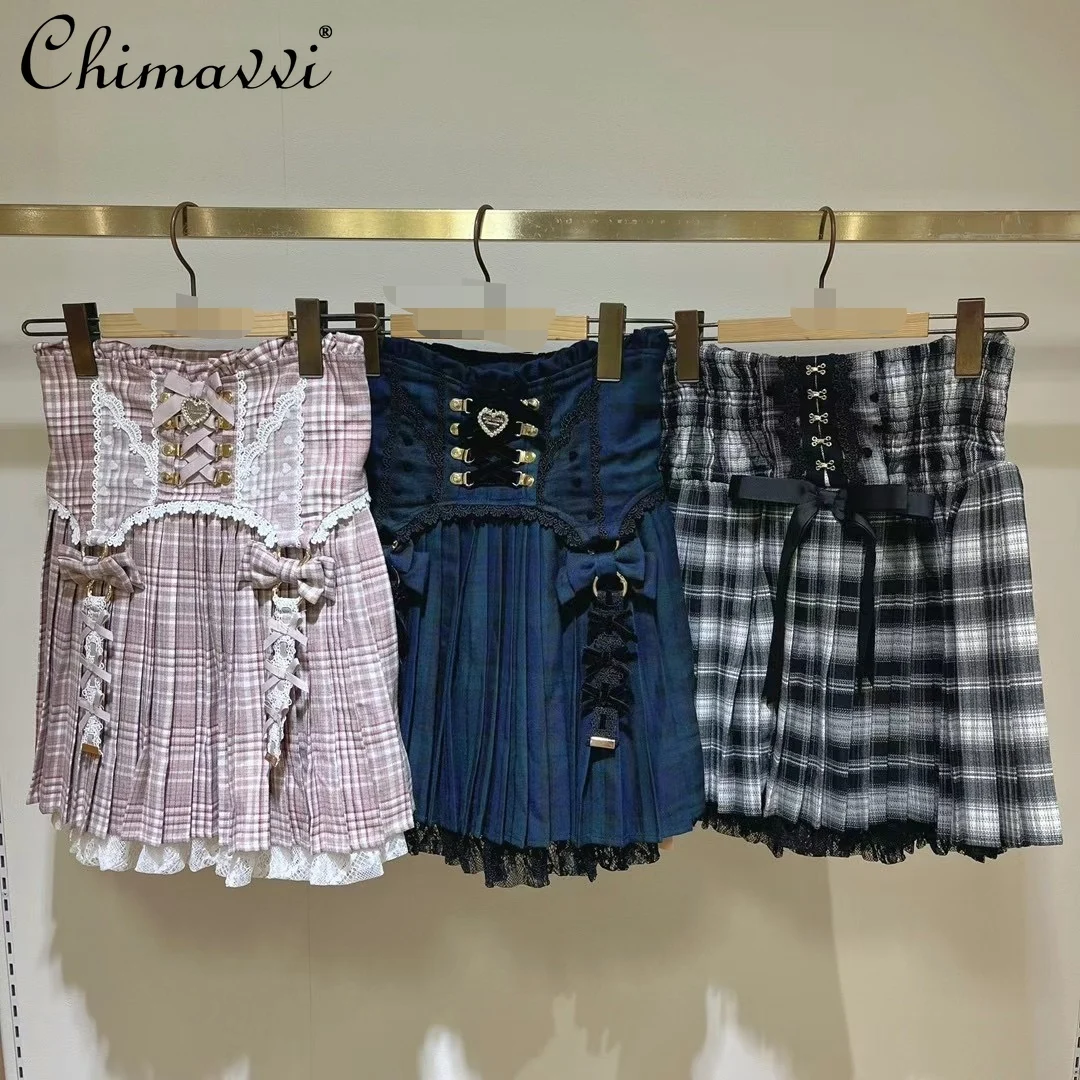 Japanese Sweet Girls Lolita Skirt Autumn New Women's Mine Series Cute Bow High Waist Slim Pleated Plaid Culottes Mini Skirts