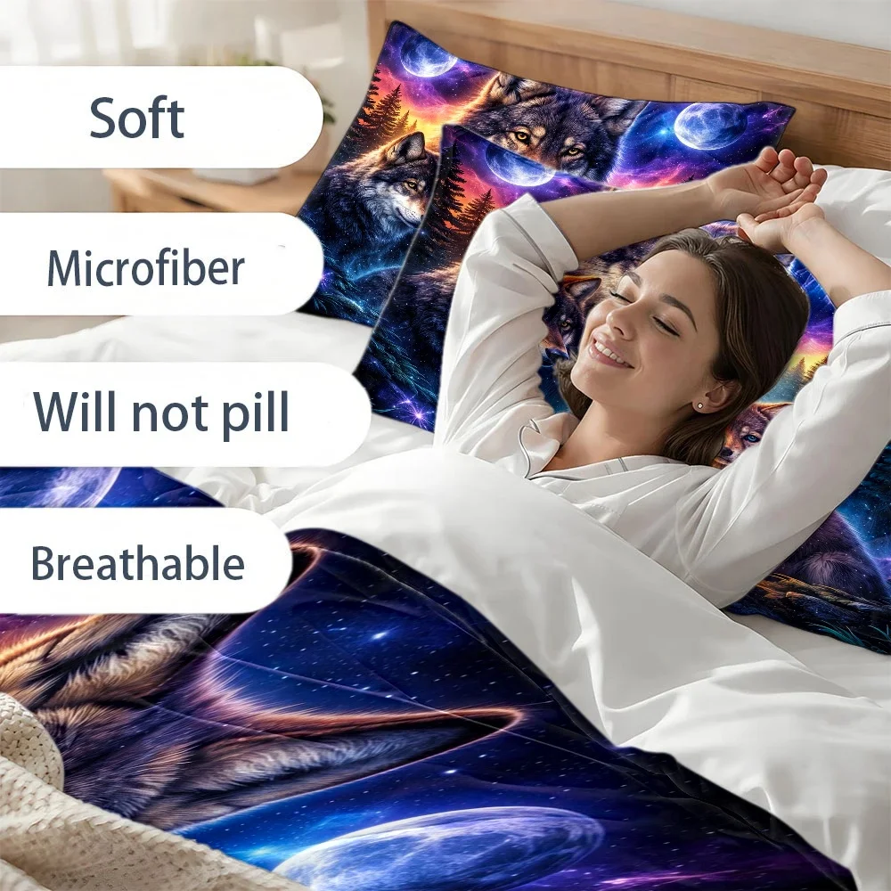 3Pc Starry Wolf Tribe Themed Duvet Cover Set, Three-Piece Bedding Set (1*Duvet Cover + 2*Pillowcases), Suitable for All Seasons, Machine Washable, Invisible Zipper Double Bed Cover, Suitable for Home, Dormitory, Master Bedroom, Guest Room, Dreamy Forest Double Moon Wolf Pack Print Bedding Set 2D Flat Print