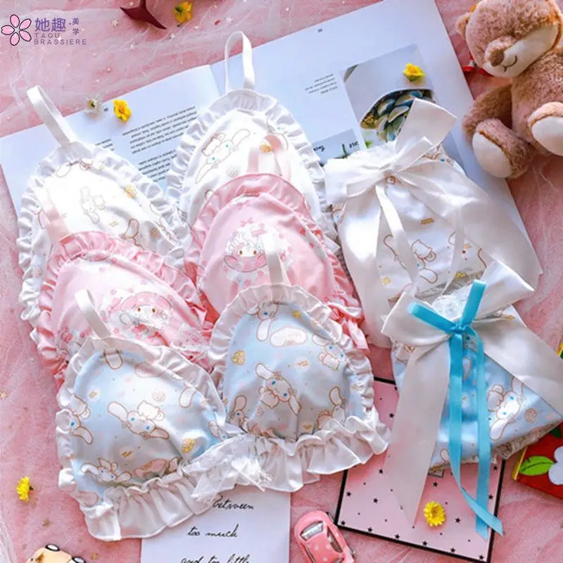 New Sanrio Cartoon Bra Cinnamoroll Melody Kawaii Underwear Set Soft and Comfortable Bra Sexy Lace Bow Underwear Bra Women's Gift